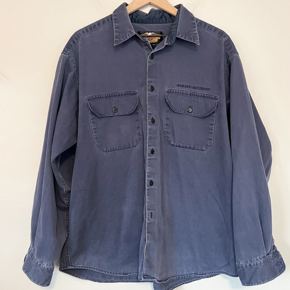HARLEY DAVIDSON blue grey button down flannel